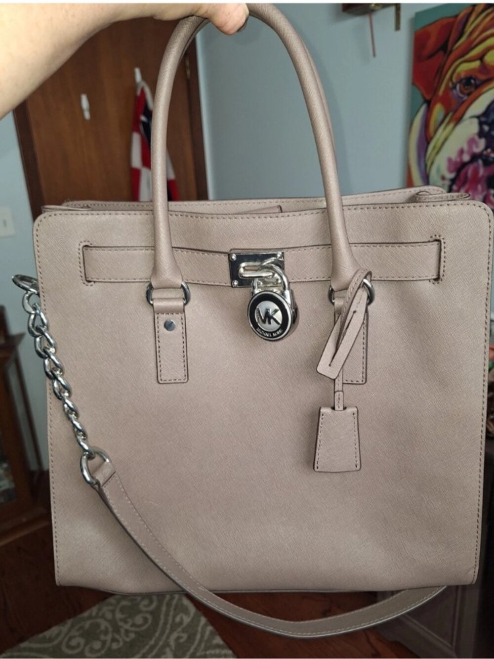 Michael Kors Hamilton Taupe Saffiano Large Leather Satchel Purse - Preowned